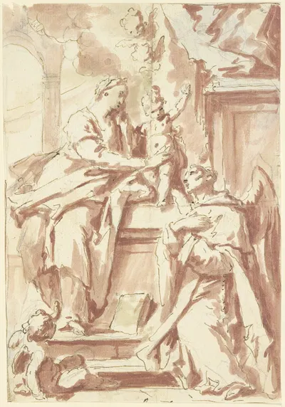 Ein Mönch mit Flügeln verehrt die Madonna by Gaspare Diziani — digital art print download