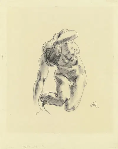 Kniender männlicher Akt, vornübergebeugt, den linken Arm hinter den gesenkten Kopf gelegt by Георг Колбе, 1928 — digital…