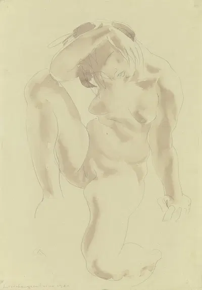 Kniender weiblicher Akt in Vorderansicht, das rechte Knie angezogen, den rechten Arm stützend by Георг Колбе, 1924 —…