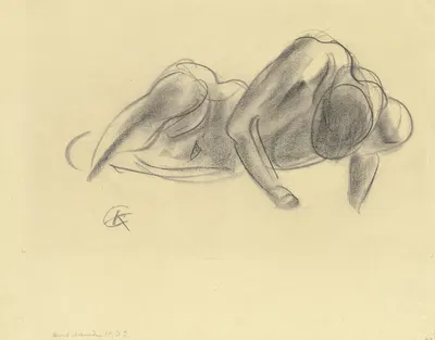Liegender Akt nach rechts, auf die Unterarme gestützt, den Kopf nach vorne gesenkt by Георг Колбе, 1932 — digital art print…