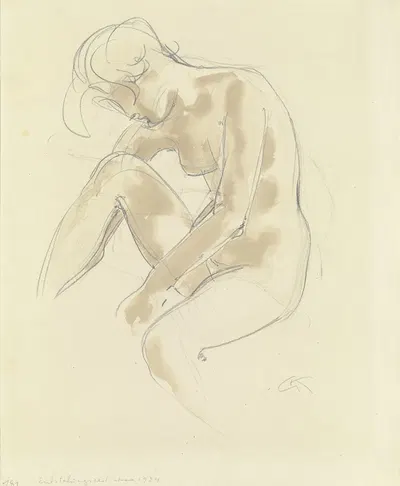 Sitzender weiblicher Akt, der Kopf dem angezogenen rechten Knie zugeneigt by Георг Колбе, 1924 — digital art print download