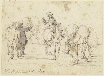 Zwei furagierende Reiter mit drei Pferden by Georg Philipp Rugendas the Elder, 1697 — digital art print download