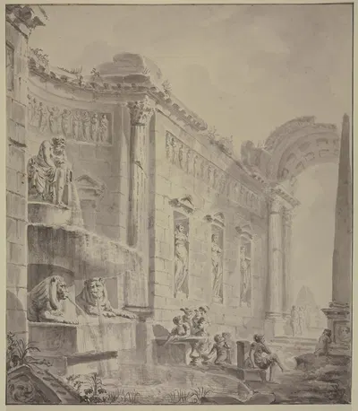 Ein römisches Prachtgebäude mit einem Brunnen, an welchem ein Flußgott und zwei Löwen Wasser ausgießen by Georges-François…