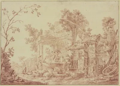 Unter römischen Ruinen ein Brunnen mit zwei Amoretten, an welchem Wäscherinnen beschäftigt sind by Georges-François Blondel…