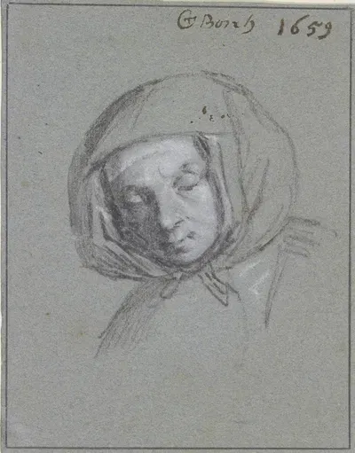 Frauenkopf mit einem Kopftuch by Жерар тер Борх, 1659 — digital art print download