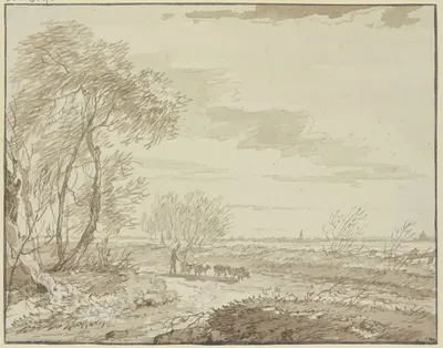Landschaft mit Fernsicht, links Bäume, auf dem Weg eine Schafherde by Жерар ван Неймеген — digital art print download