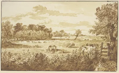Waldwiese mit Vieh, rechts am Zaun der Hirte by Жерар ван Неймеген — digital art print download