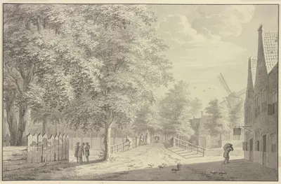 Landstraße bei einer Stadt, rechts ein Wirtshaus, in welches ein Mann einen Sack trägt by Жерар ван Россум, 1760 — digital…