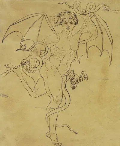 Geflügelter Jüngling in Begleitung einer Fledermaus, Schlangen in den Händen haltend by Герхард фон Кюгельген — digital art…