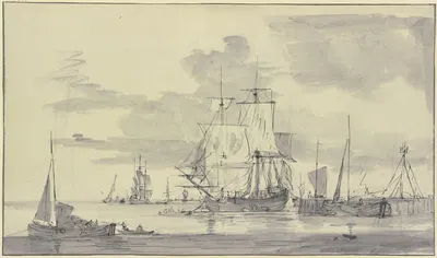 Ein Dreimaster mit aufgezogenen Segeln liegt an einem Damm by Gerrit Groenewegen — digital art print download