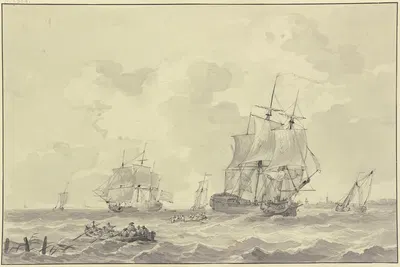 Schiffe bei bewegter See, eines löst eine Kanone, vorne zwei Ruderboote by Gerrit Groenewegen — digital art print download