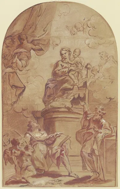 Maria auf dem Throne, dabei der Heilige Paulus und der Heilige Matthäus mit dem Engel by Джованни Баттиста Гаулли — digital…