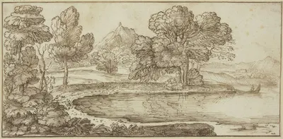 Baumpartie am Wasser, rechts Kahn mit zwei Figuren by Джованни Франческо Гримальди — digital art print download