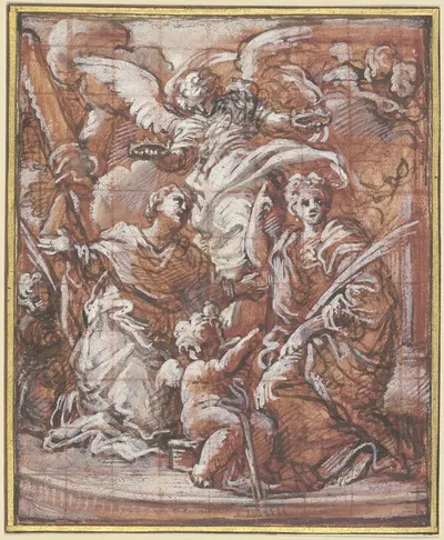 Zwei Heilige werden von einem Engel gekrönt by Giuseppe Passeri — digital art print download