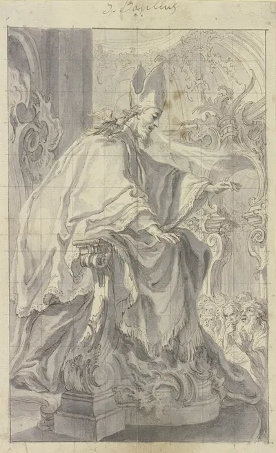 Der Heilige Basilius predigt von einer links vorne stehenden Kanzel zu einer Volksmenge by Gottfried Bernhard Göz — digital…