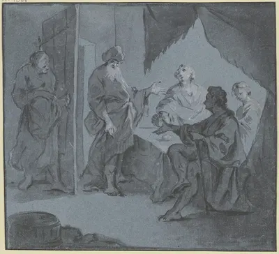 Abraham bewirtet die drei an einem Tisch sitzenden Engel, links an der Tür lauscht Sara by Готлиб Вельте — digital art…