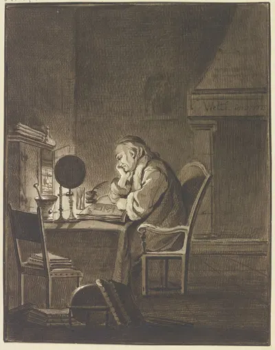 Ein Gelehrter am Tisch sitzend, bei Lampenlicht lesend by Готлиб Вельте, 1779 — digital art print download