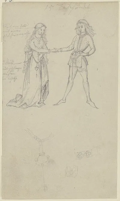 Liebespaar in mittelalterlicher Tracht, darunter Details des Schmucks by Gustav Heinrich Naecke — digital art print download