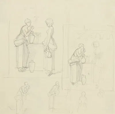 Studienblatt; Zwei Frauen mit Krügen an einem Brunnen by Gustav Heinrich Naecke — digital art print download
