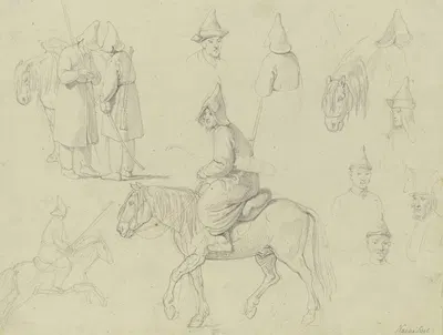 Studienblatt; Baschkiren mit ihren Pferden by Gustav Heinrich Naecke — digital art print download