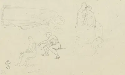 Studienblatt; Frauen bei der Handarbeit, ein sitzender männlicher Akt sowie weitere Figuren by Gustav Heinrich Naecke —…