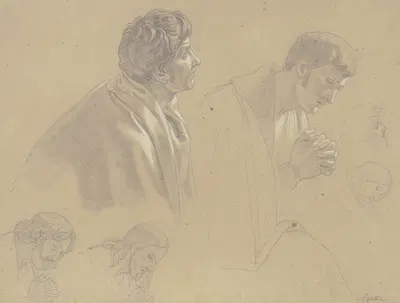 Studienblatt; Sechs Männer, vier mit geneigten Köpfen betend by Gustav Heinrich Naecke — digital art print download