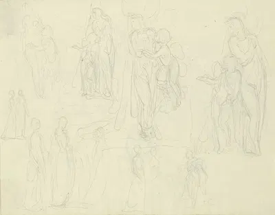 Verschiedene Figuren, darunter eine weibliche Gestalt mit geflügeltem Amorknaben by Gustav Heinrich Naecke — digital art…