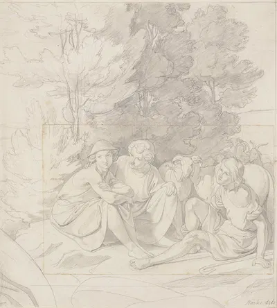 Drei Hirten mit Schafen und Ziegen an einer Baumgruppe sitzend by Gustav Heinrich Naecke — digital art print download