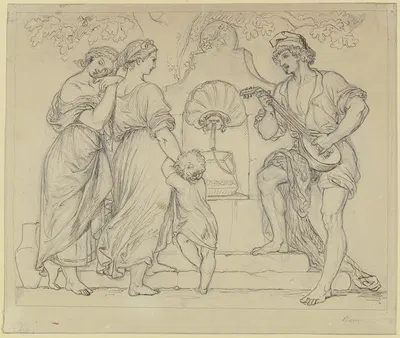 Am Brunnen spielt ein Jüngling zwei Mädchen und einem Kind auf der Laute vor by Gustav Kaupert — digital art print download