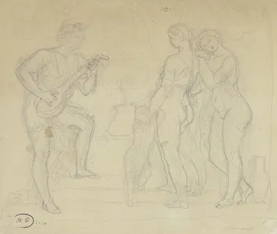Am Brunnen spielt ein Jüngling zwei Mädchen und einem Kind auf der Laute vor by Gustav Kaupert — digital art print download