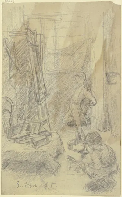 Atelierecke, zwei Personen vor der Staffelei by Густав Шрэгле, 1895 — digital art print download