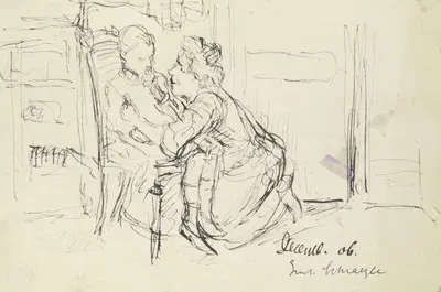 Frau kniet vor einem im Stuhl sitzendem Kind by Густав Шрэгле, 1906 — digital art print download
