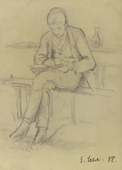 Schreibender junger Mann in einer Gartenwirtschaft by Густав Шрэгле, 1888 — digital art print download