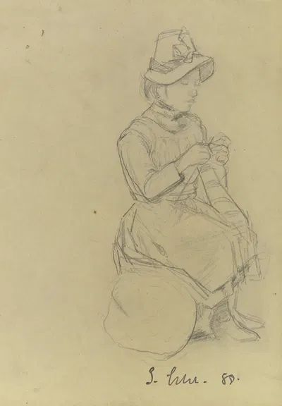 Strickendes Mädchen mit Hut by Густав Шрэгле, 1888 — digital art print download