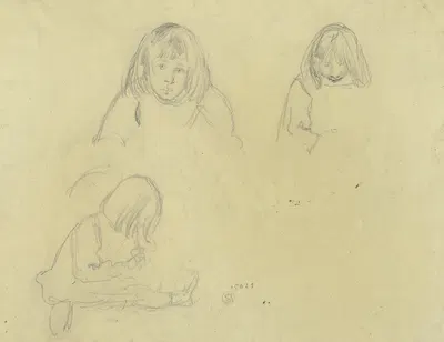 Studienblatt; Mädchen mit schulterlangem Haar, zweimal als Brustbild von vorn, einmal sitzend von der Seite by Густав…