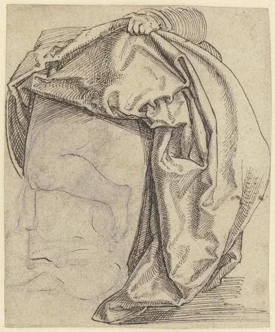Gewand, über einen Kasten fallend und von einer Hand gerafft, auf dem Kasten ein gebeugtes rechtes Bein by Hans Brosamer —…