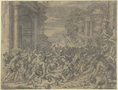 Der Bethlehemitische Kindermord vor einer Landschaft mit antiken Gebäuden by Hans Rottenhammer, 1616 — digital art print…