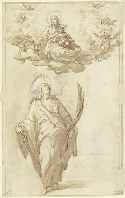 Die Heilige Katharina mit der Palme und dem Schwert, oben in den Wolken Maria mit dem Jesuskind und Engeln by Hans…