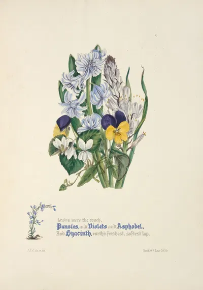 Pansies, violets, asphodel and hyacinth by Jane Elizabeth Giraud, 1846 — digital art print download