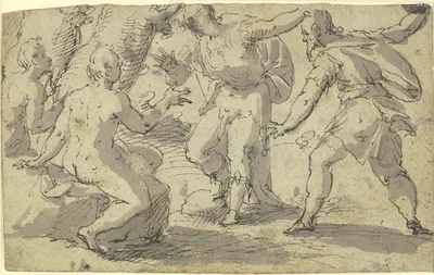 Zwei Nackte und zwei Bekleidete in lebhafter Unterhaltung by Hans Rottenhammer, 1588 — digital art print download