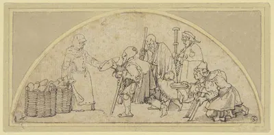 Die Hungrigen speisen; Eine Frau verteilt Brote an drei Bettler, einen Pilger und ein Kind by Hans Sebald Beham — digital…