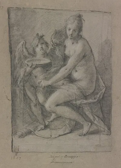 Sitzende Venus und stehender Amor mit Schale by Ганс фон Ахен — digital art print download