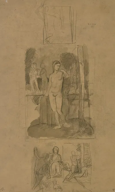 Sitzende und stehende Figuren, ein weiblicher Akt by Ханс фон Мареес, 1873 — digital art print download