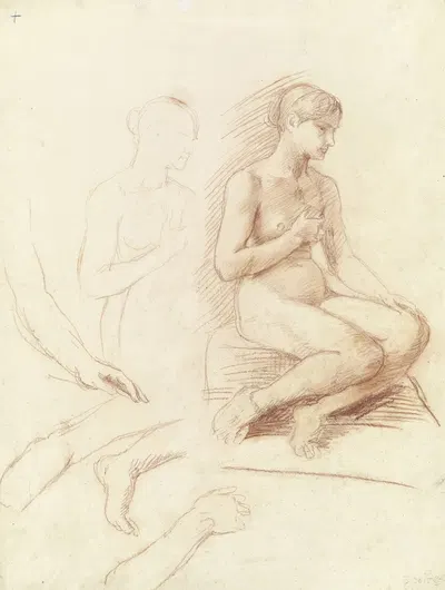 Weiblicher sitzender Akt, daneben Bein- und Armstudien by Ханс фон Мареес, 1879 — digital art print download
