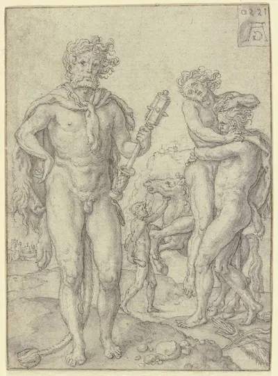 Herkules als Triumphator; Herkules und Antäus; Herkules bändigt die Rosse des Diomedes by Генрих Альдегревер, 1550 —…