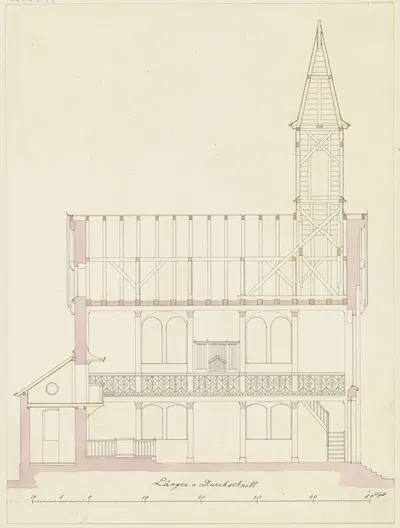 Längsschnitt durch eine Kirche für die Gemeinde Friedrichsdorf by Heinrich Hübsch, 1825 — digital art print download