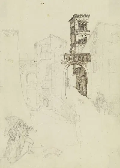 Straße in Rom mit einem Torbogen und dem Kirchturm von Santa Sabina by Heinrich Hübsch, 1818 — digital art print download