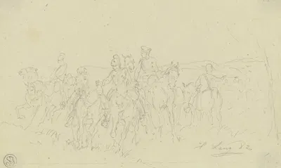 Bayerische Cheveaux-légers; Ordonanzen, Pferde am Zügel führend by Heinrich Lang, 1882 — digital art print download