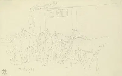 Cleaning the horses in the camp by Генрих Ланг, 1887 — digital art print download