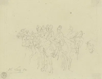 Gruppe von bayerischen Cheveaux-légers, zu Pferd haltend by Heinrich Lang, 1882 — digital art print download
